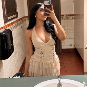 Windsor Beige Halter Ruffled Mini Dress